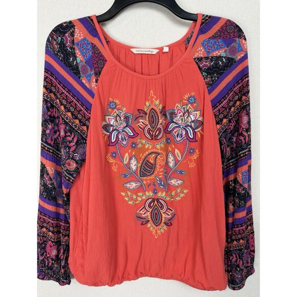 SOFT SURROUNDINGS Top Blouse Sz M Gauze Embroidered Boho Elastic Waist Pullover - Picture 8 of 12